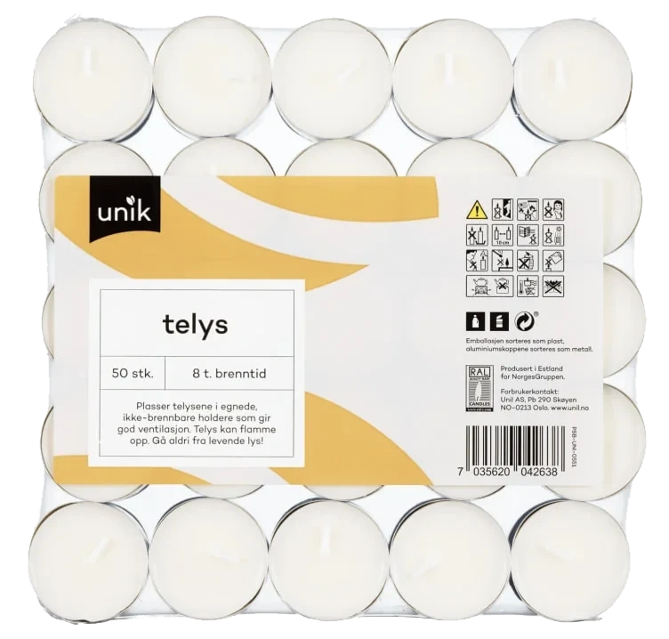 Telys Hvit 8t 50stk Unik