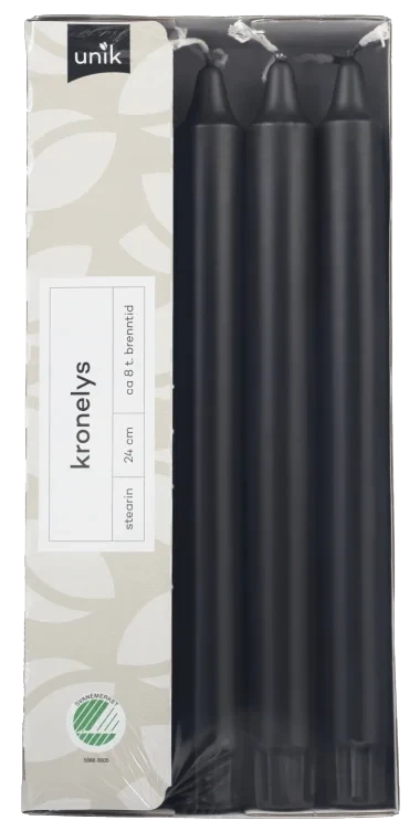 Kronelys Sort 24cm 10stk Unik