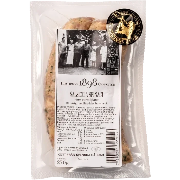 Kryddkorv Salsiccia Spinaci Vino parmigiano 270g Hirschmans Charkuteri