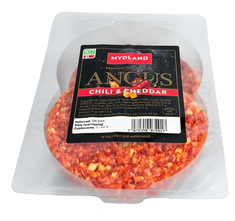 Angusburger Chili & Cheddar 2x165g Fersk Mydland