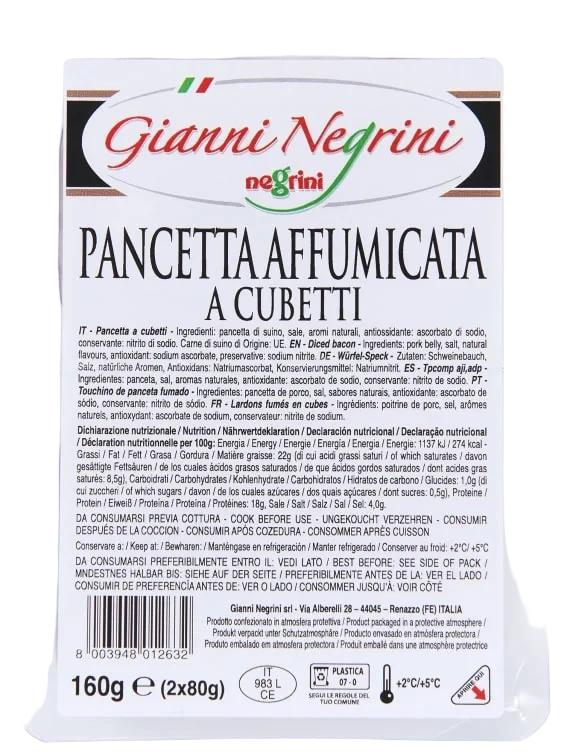 Pancetta Cubetti Røkt Bacon 2x80g Negrini