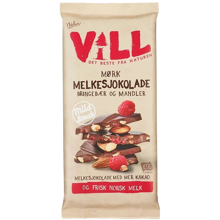 VILL Mørk melkesjokolade bringebær og mandel 100g