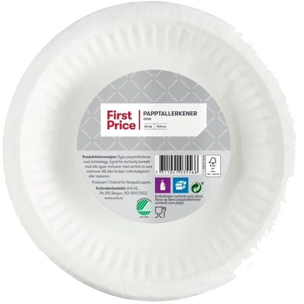 Papptallerken Dyp 19,5cm 25stk First Price