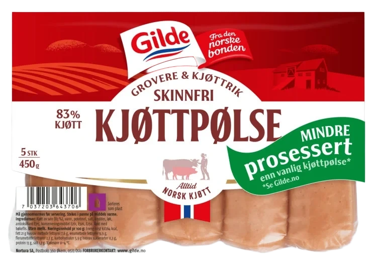 Kjøttpølser Grov Skinnfri 450g Gilde