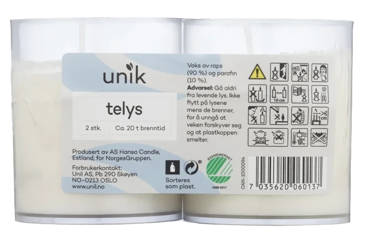 Telys 20t i Klar Kopp 2stk Unik