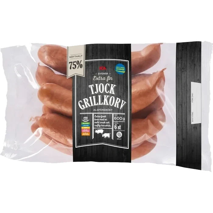 Grillkorv Tjock Extra fin 75% Kötthalt 600g ICA