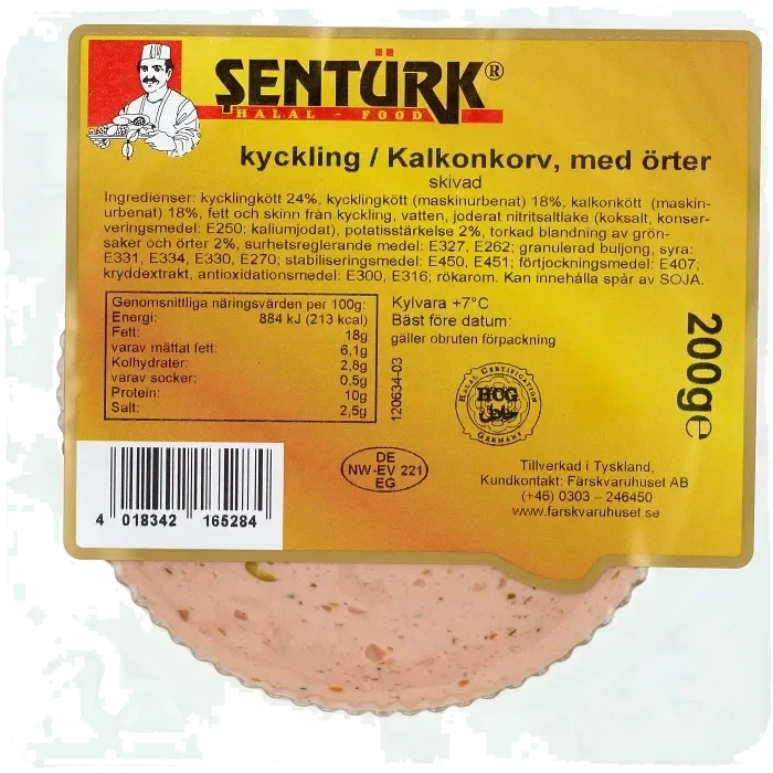Kyckling Kalkonkorv med örter skivad 200g Sentürk