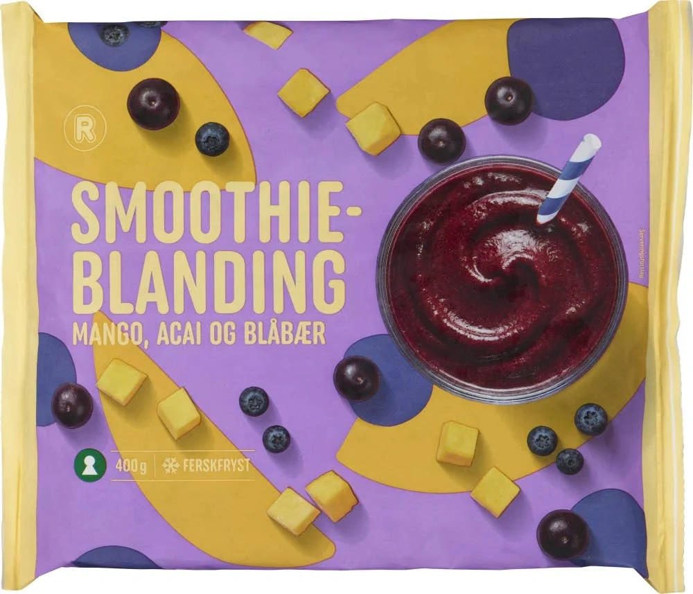 R Smoothieblanding med mango, açai og blåbær