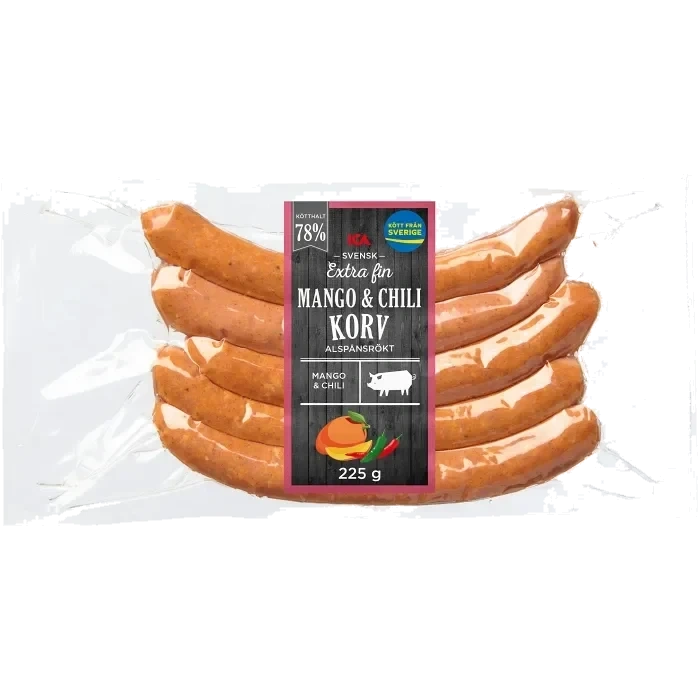 Grillkorv Mango och Chili Extra Fin 78% Kötthalt 225g ICA