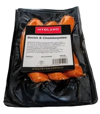 Cheddar og Baconpølse 310g Pk Mydland