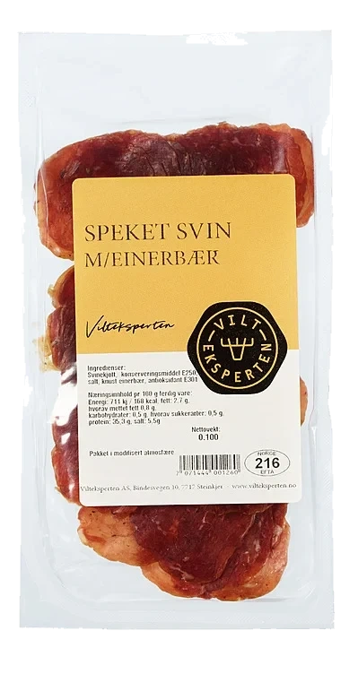 Speket svin med einebær skåret  100g