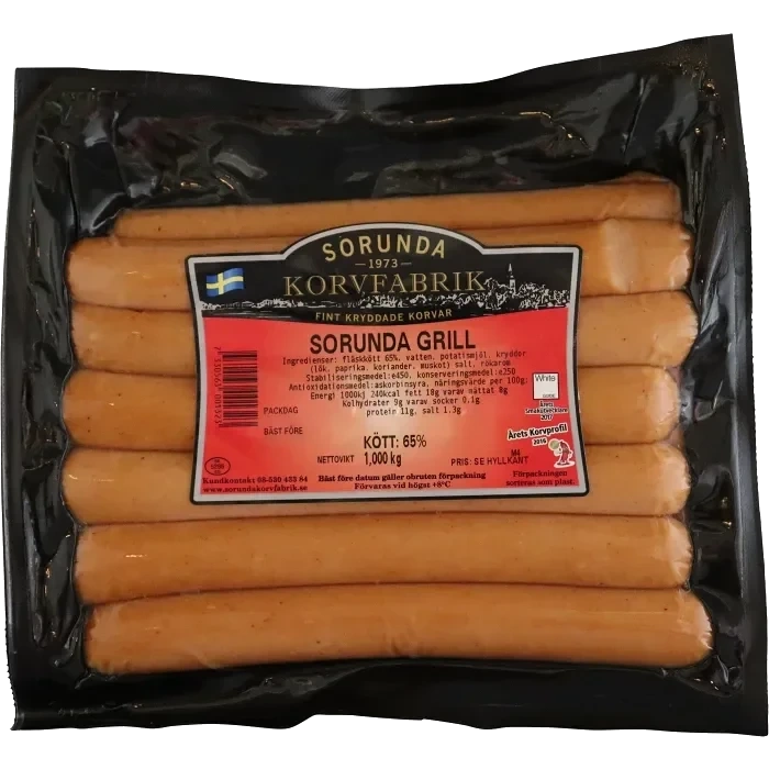 Sorunda Grill 65% Kötthalt 1kg Sorunda Korvfabrik
