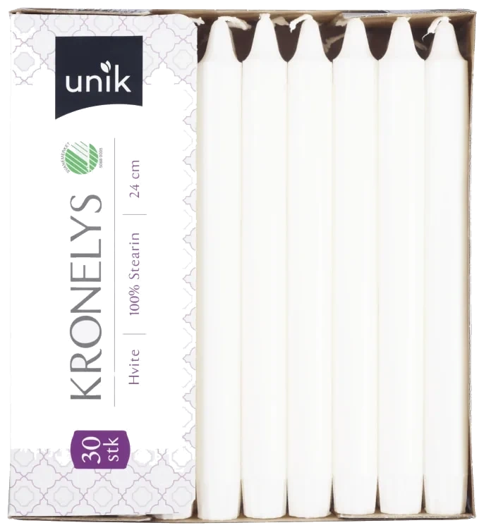 Kronelys Hvit 100% Stearin 24cm 30stk Unik