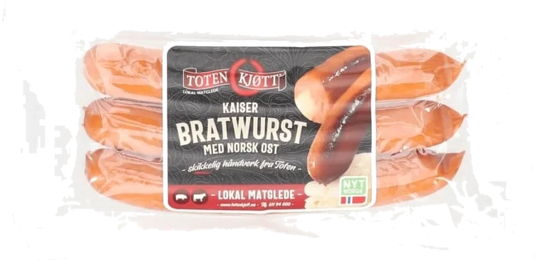 Kaiser Bratwürst med Ost 230g Toten Kjøtt