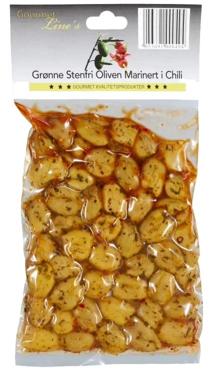 Oliven Grønn m/Chili 250g Gourmet Line
