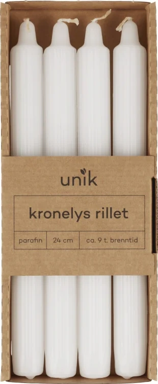 Kronelys 24cm Rillet Hvit 4pk Unik