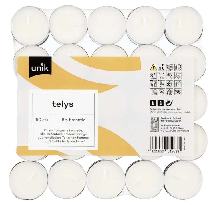 Telys Hvit 8t 50stk Unik