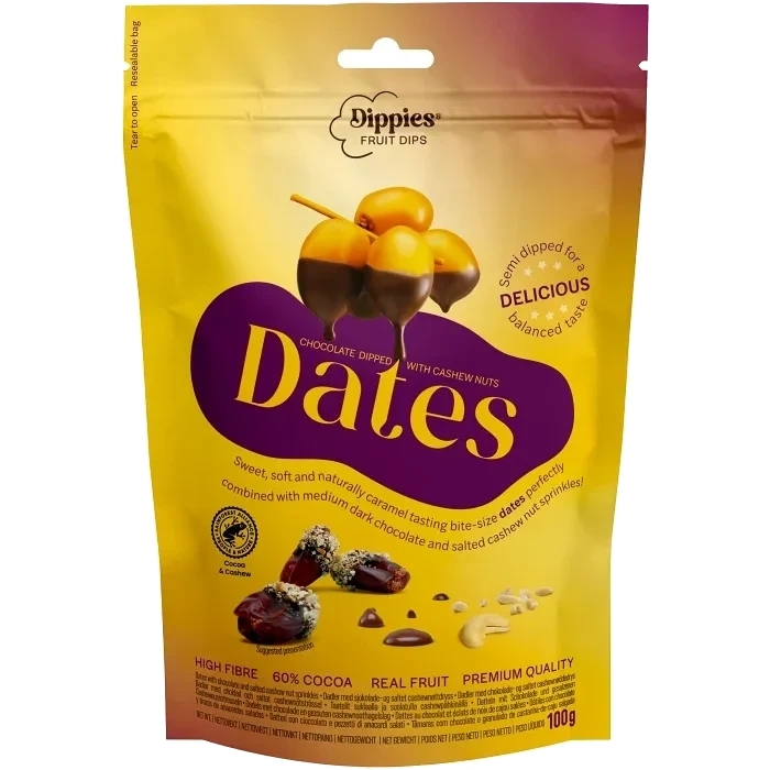 Torkade chokladdoppade dadlar med cashewnötter 100 Gram Sunshine Delights