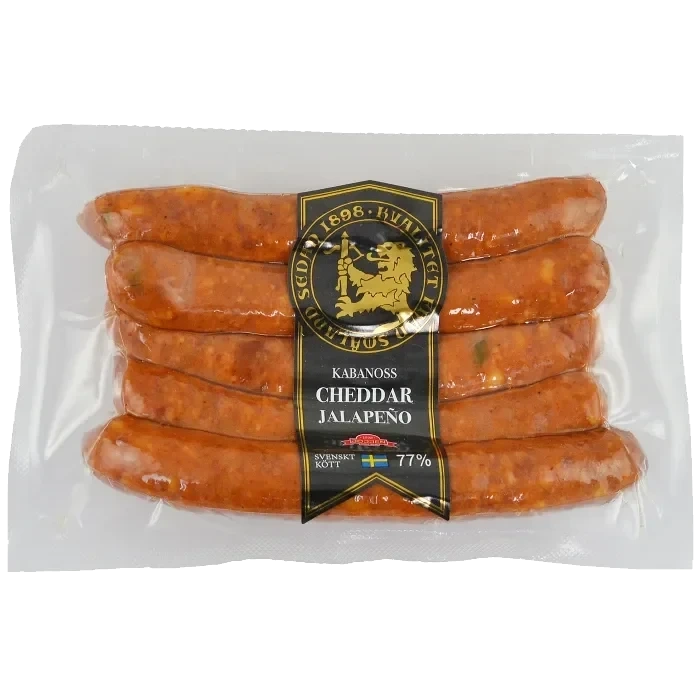Kryddkorv Kabanoss Jalapeno Cheddar 77% kötthalt 230g Hirschmans Charkuteri