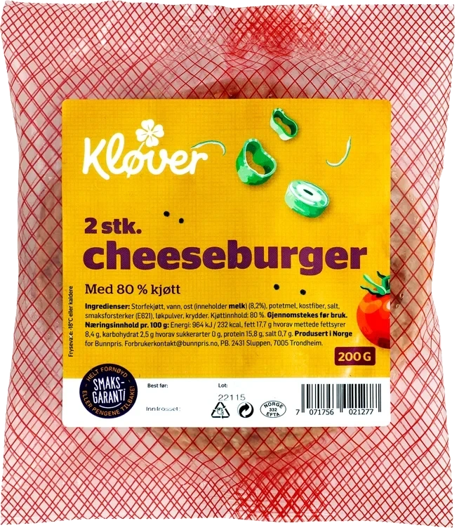 KLØVER CHEESEBURGER RÅ 85% 2 x100 g frys