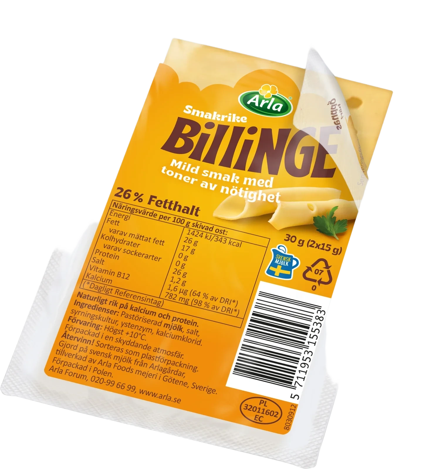 Billinge skivad ost portion 26% 30g