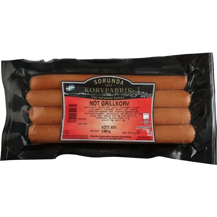 Grillkorv Nöt 63% Kötthalt 480g Sorunda Korvfabrik