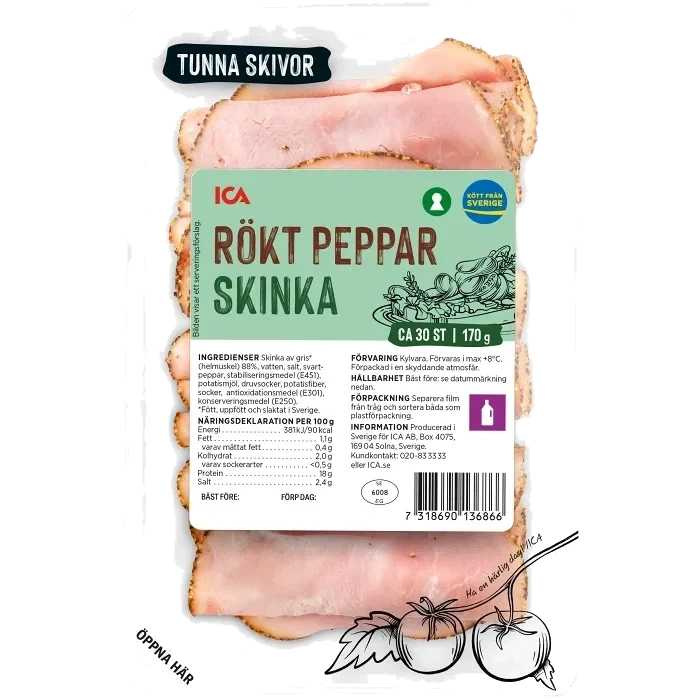 Skinka Rökt Peppar Tunna Skivor 170g ICA