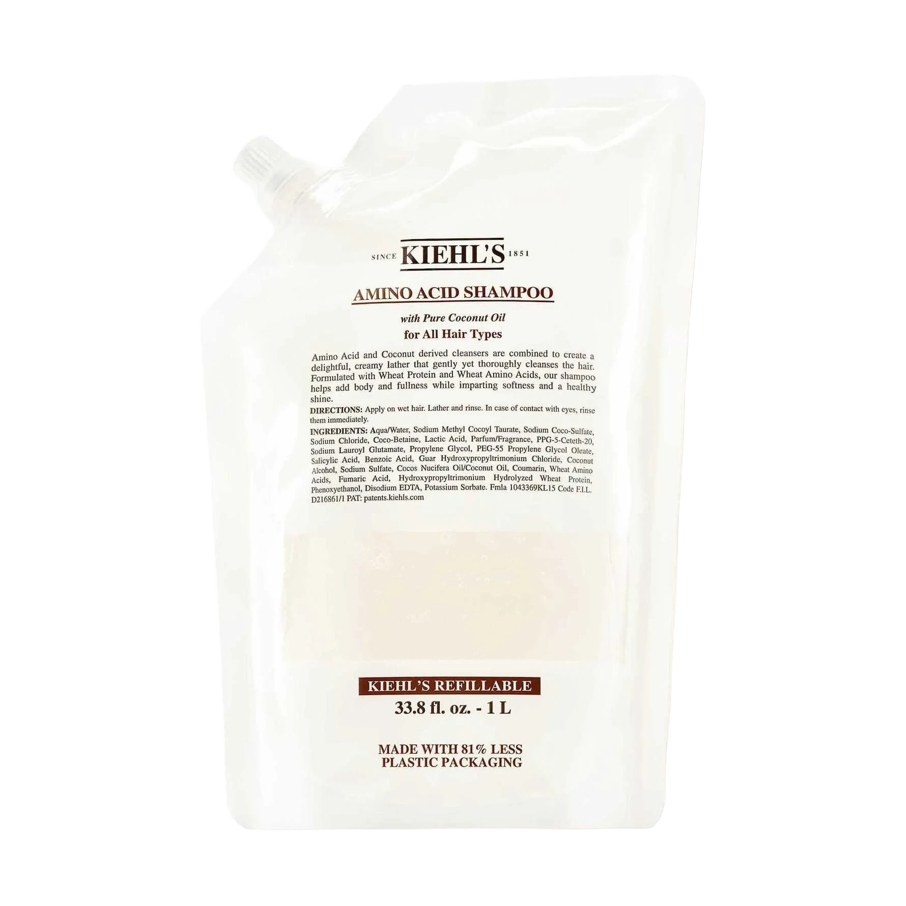 Kiehl’s Amino Acid Shampoo with Pure Coconut Oil Refill Pouch 1000 ml, Refill