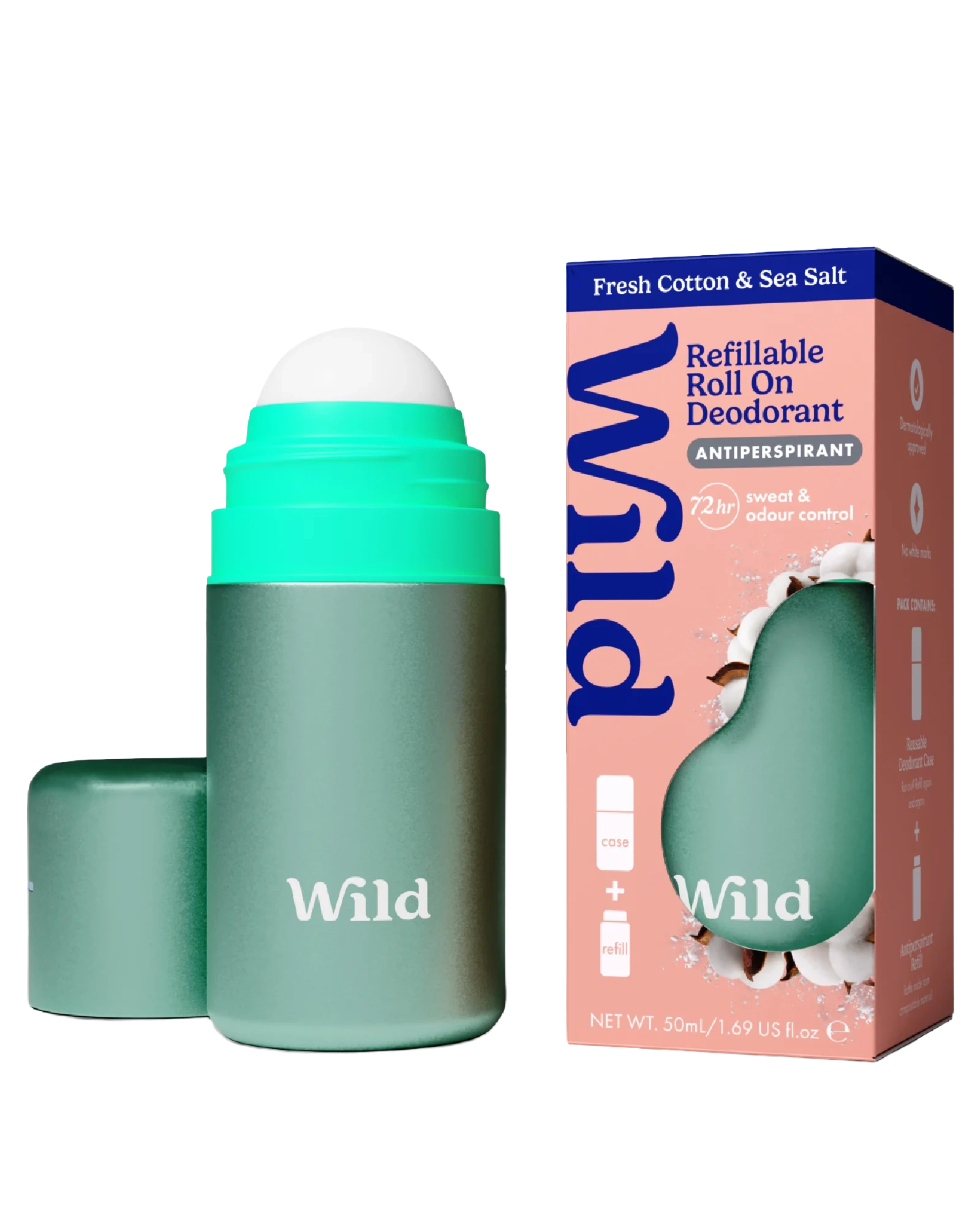 Wild Roll On Antiperspirant Aqua Case Fresh Cotton & Sea Salt Startpakke, 50 ml