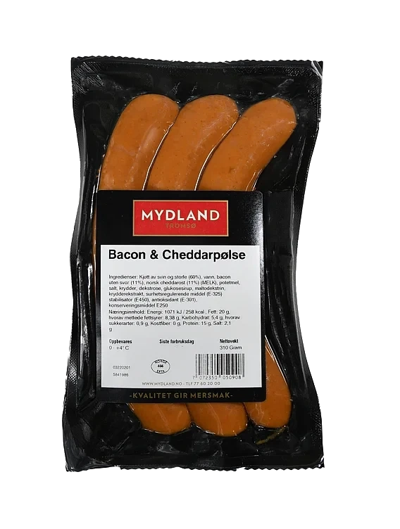 Cheddar og Baconpølse 310g Pk Mydland