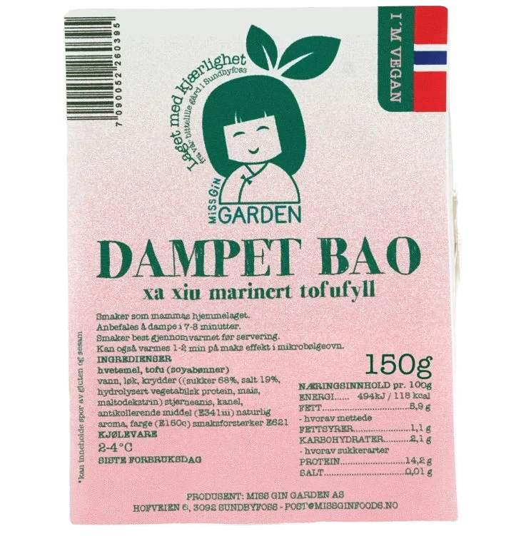 Miss Gin Garden Vegansk Dampet Bao Bolle Fylt med Tofu Xa Xiu 150g Ferdigmat Kjølevare