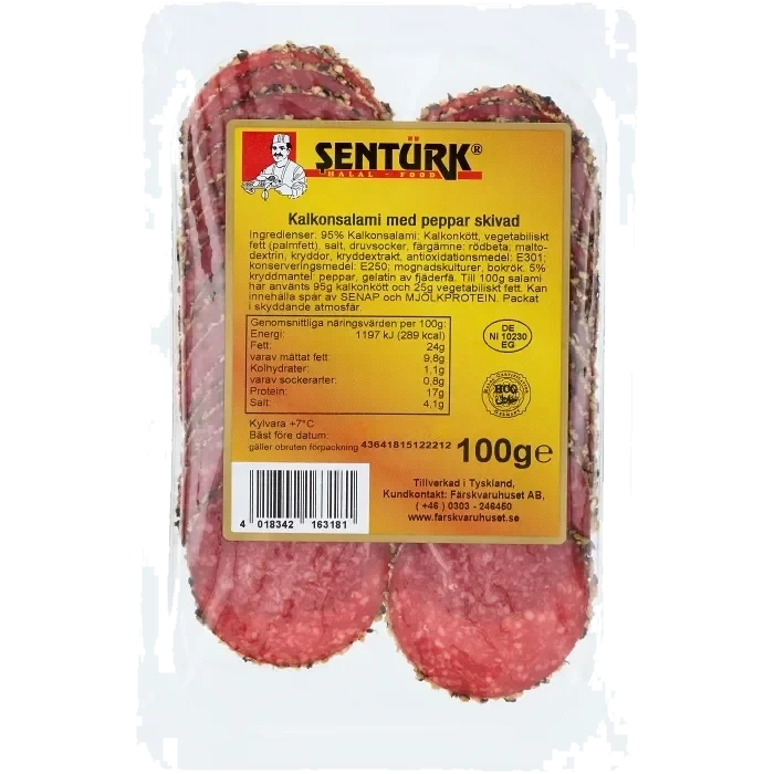 Kalkonsalami med peppar skivad 100g Sentürk