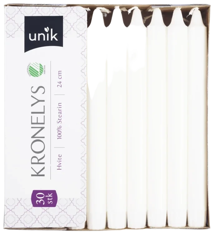 Kronelys Hvit 100% Stearin 24cm 30stk Unik