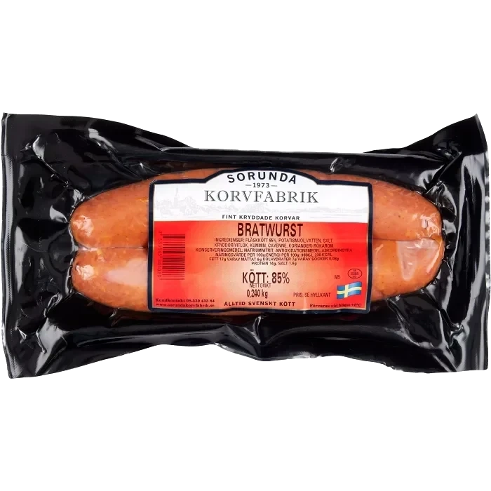 Bratwurst 85% Kötthalt 240g Sorunda Korvfabrik