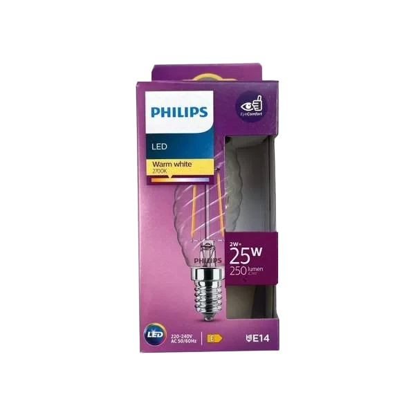 Led Classic 25w E14 Filament Vridd Mignon Varmhvitt Lys Klar Philips