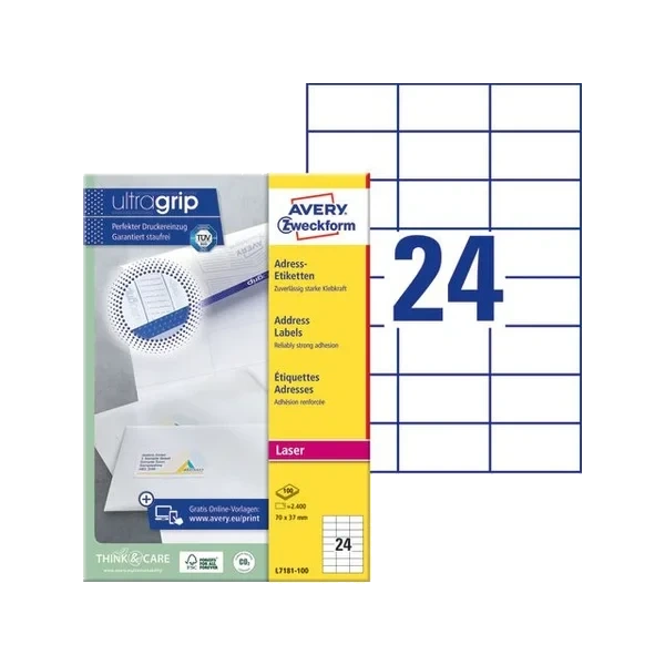 Etikett Avery Laser 70x37mm 2400stk 861085
