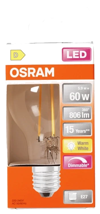Lyspære Led Cl A 60 Klar Dim 827 E27 Osram