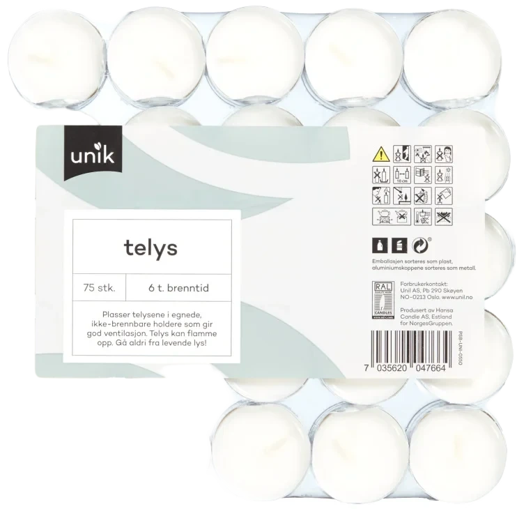 Telys Hvit 6t 75stk Unik