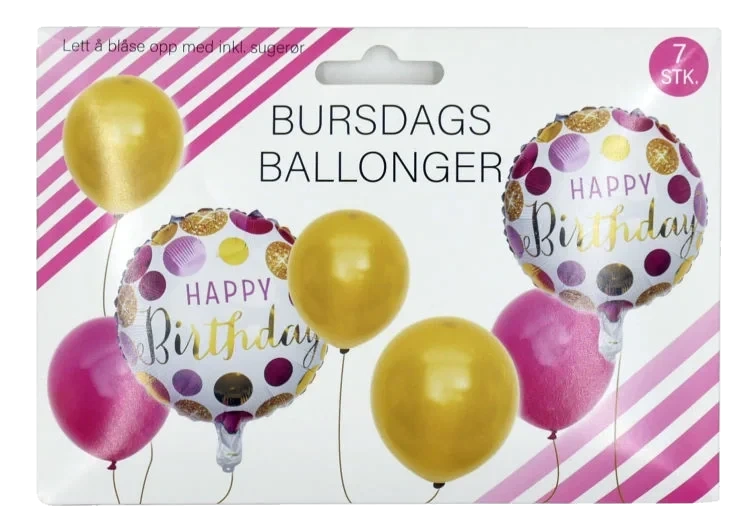 Bursdagsballonger 7stk Rosa/Gul