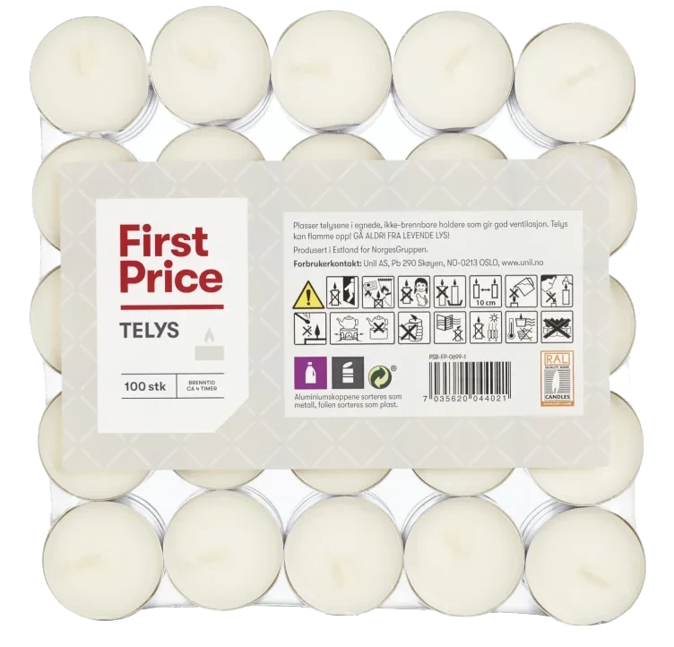 Telys Hvit 4t 100stk First Price