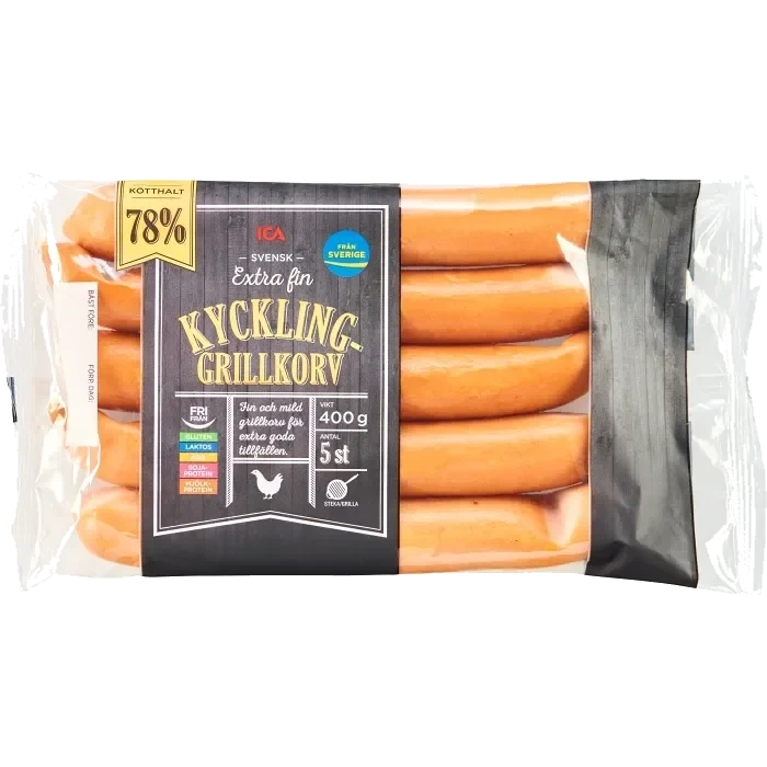 Grillkorv Kyckling Extra fin 78% Kötthalt 400g ICA