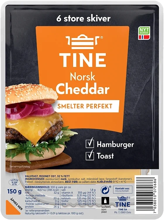 Cheddar burgerost, norsk  150g