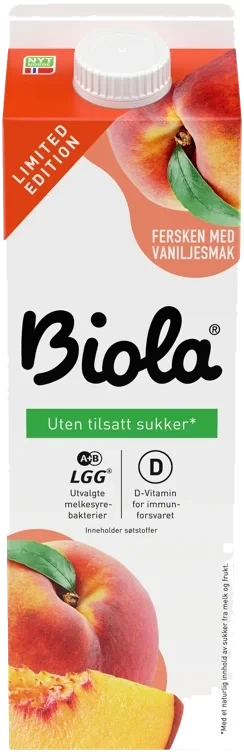 Biola Syrnet Melk Fersken/Vanilje uten 1000g Tine