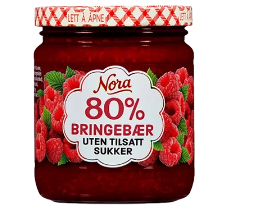 Nora Bringebær 80% Uten Tilsatt Sukker 275g