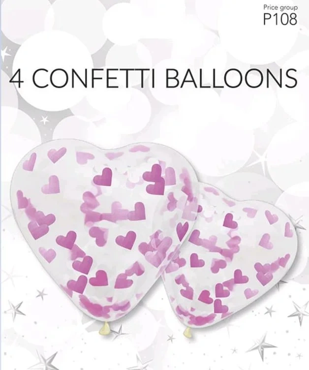Ballong m/Hjertekonfetti 4stk