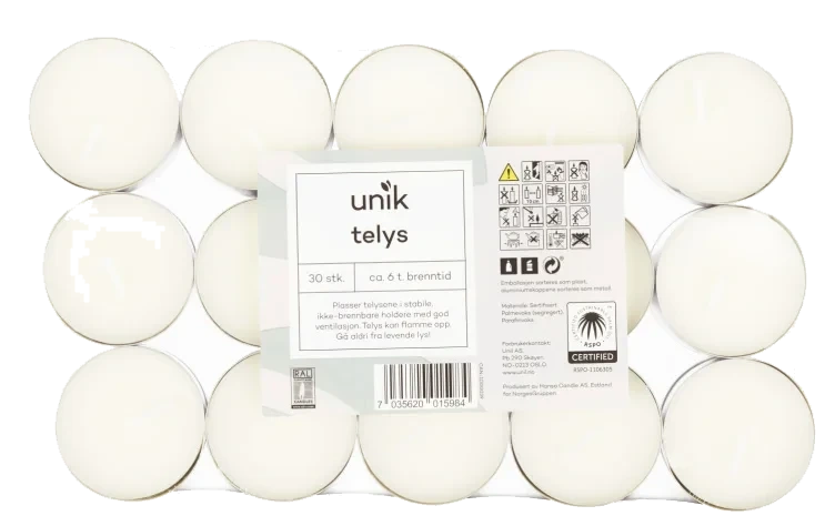 Telys Hvit 6t 30stk Unik