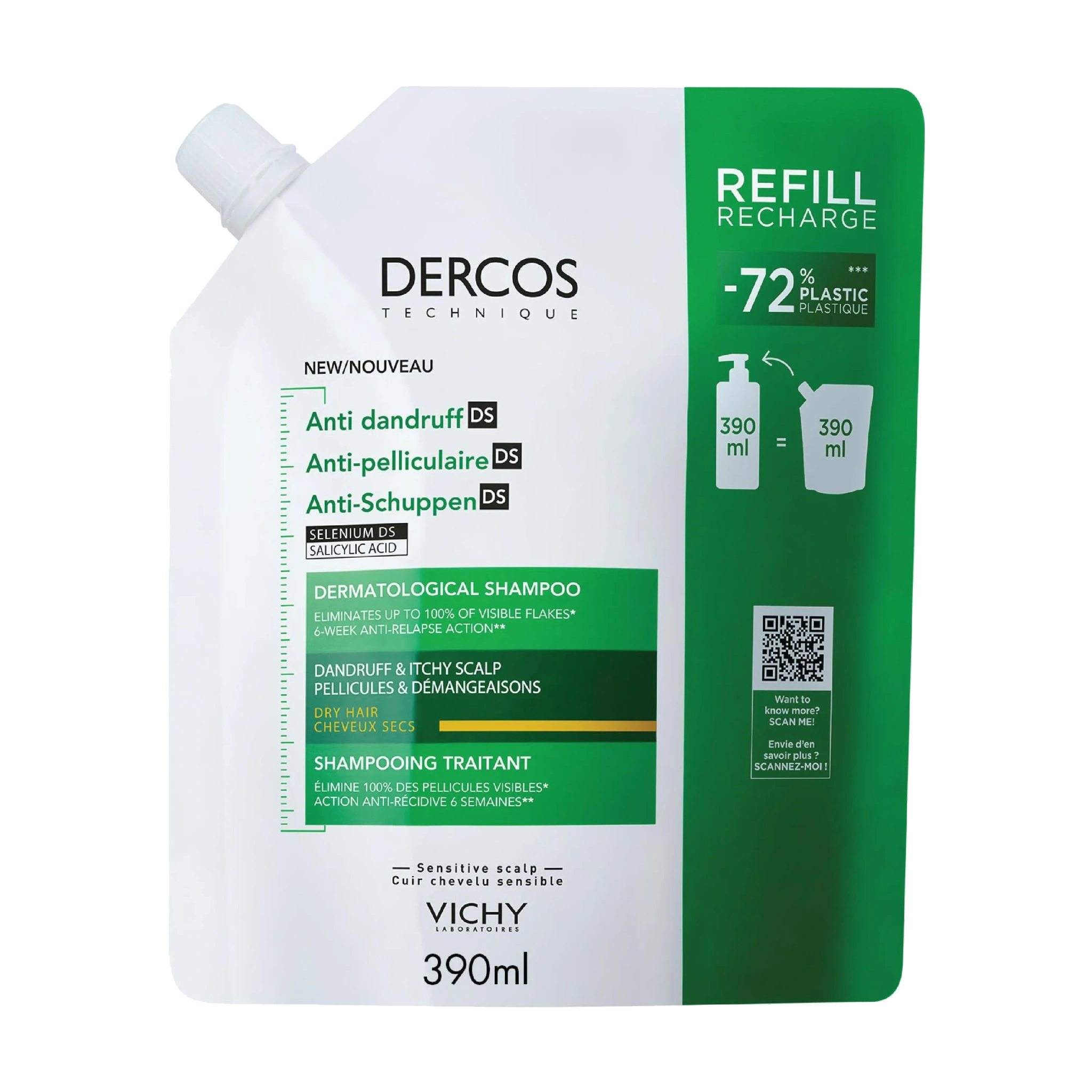 Vichy Dercos Anti-Dandruff Shampoo for Dry Hair Refill, 390 ml