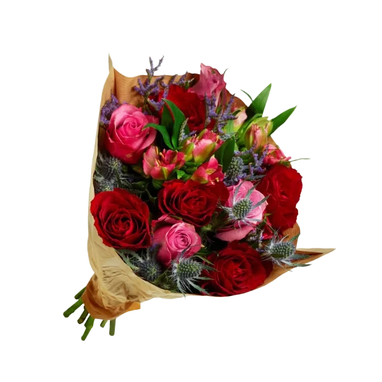 Helgebukett Roser Alstromeria Eryngium Limonium