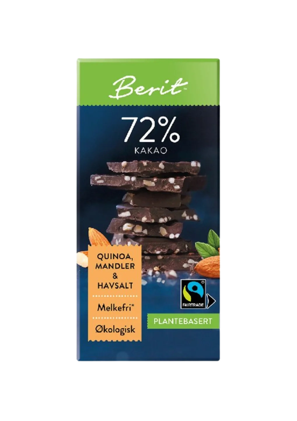 Berit Sjokolade 72% Kakao Quinoa, Mandler og Havsalt