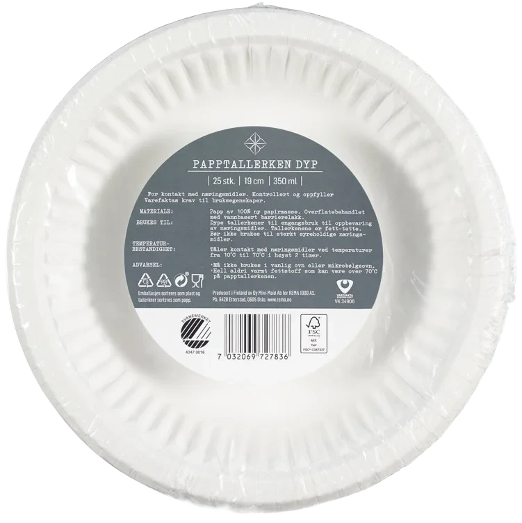 Papptallerken dyp 19cm  25stk